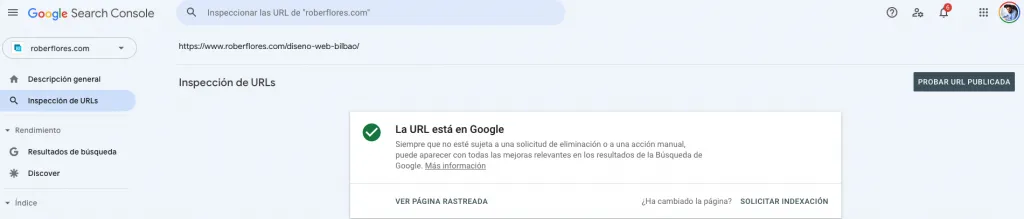 probar si la URL publicada tiene problemas para la indexación