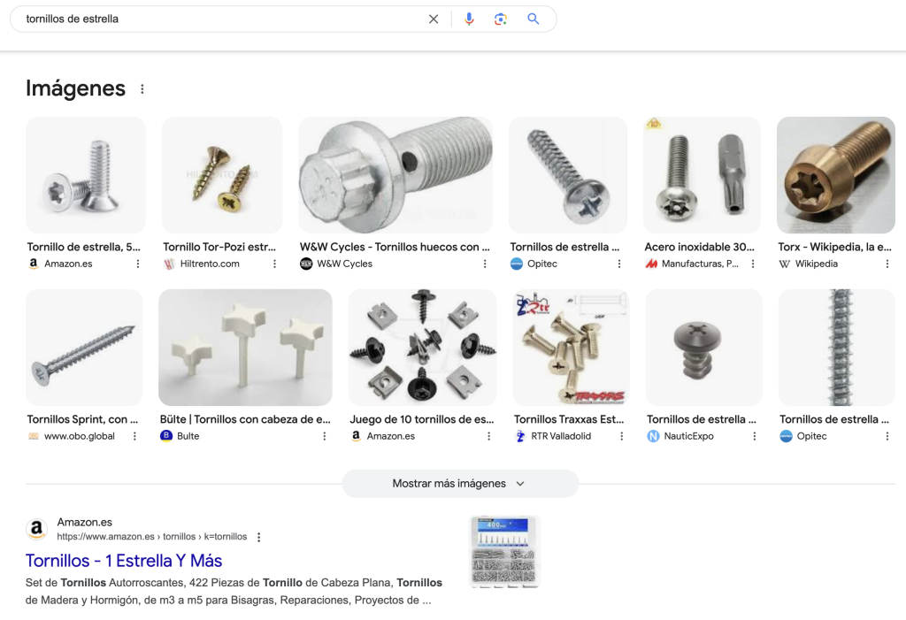 búsqueda en Google de tornillos de estrella con bloque de imágenes entre los resultados de búsqueda