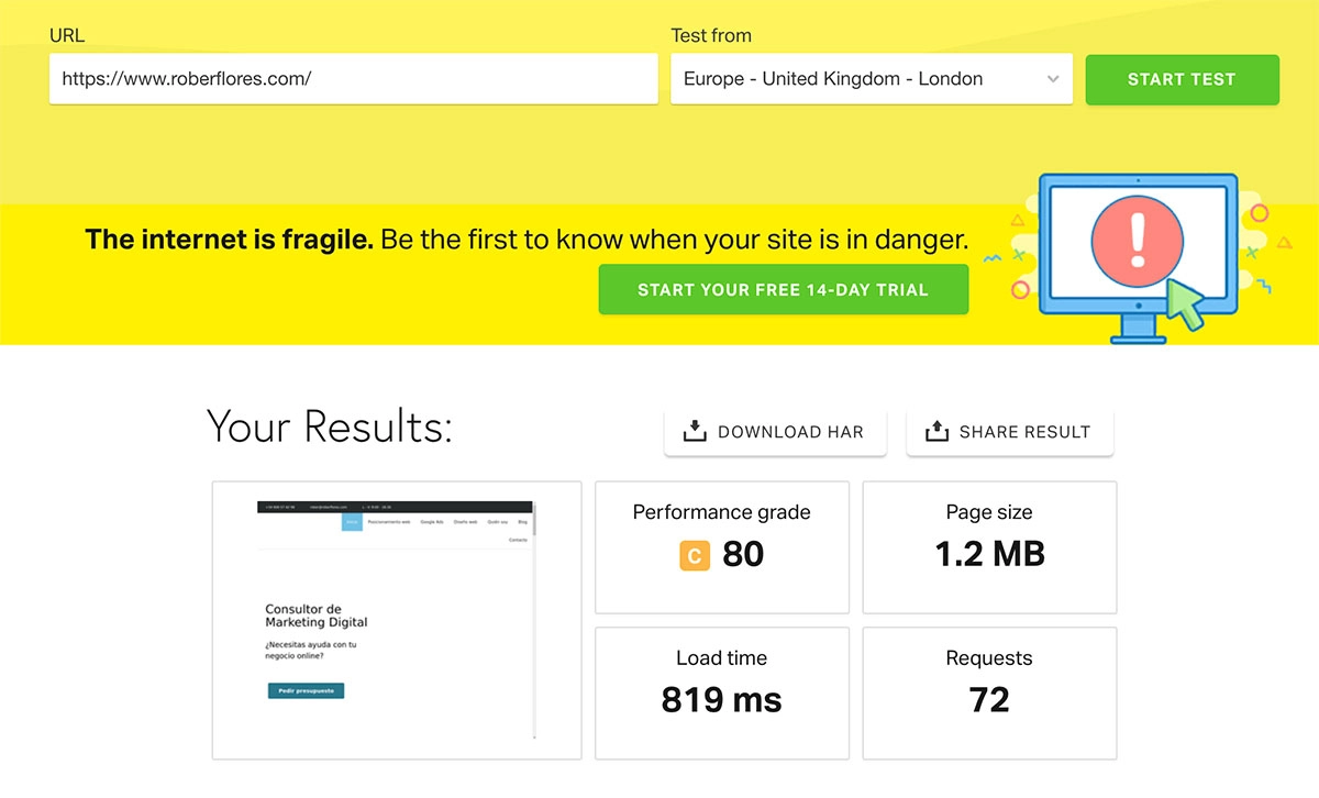 medir la velocidad de carga web con pingdom tools